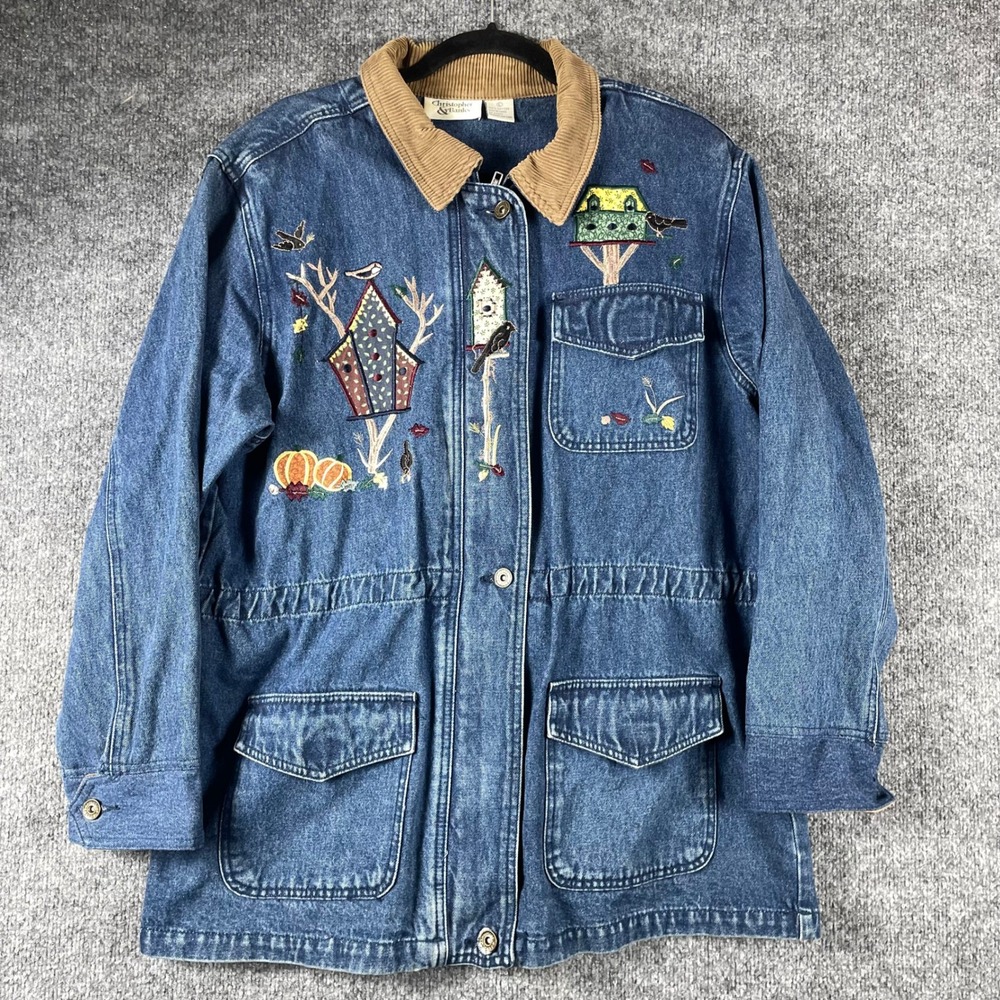 VTG Christopher & Banks Jacket Womens Large Blue Birds Fall Barn Chore Coat Y2K